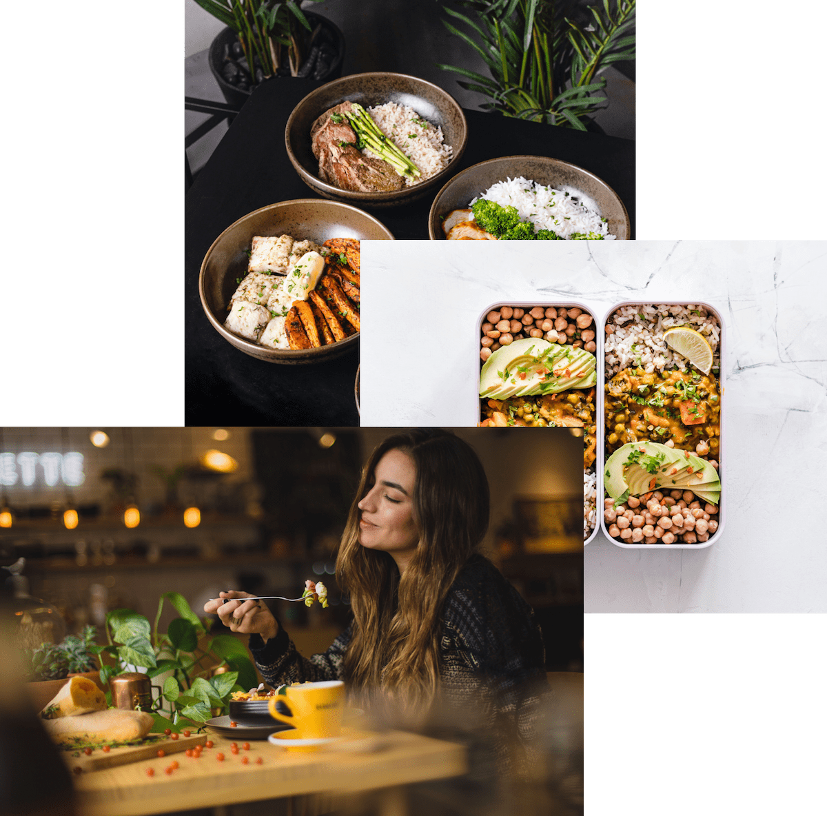 woman enjoying foof, meals in storage container and food bowls on a table